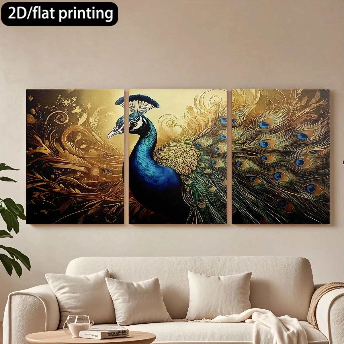

Набор из 3 картин на холсте в деревянной раме: Декоративная картина «Павлин» с ярким перьевым оперением, изысканный фон. Для коридора, украшение для гостиной.