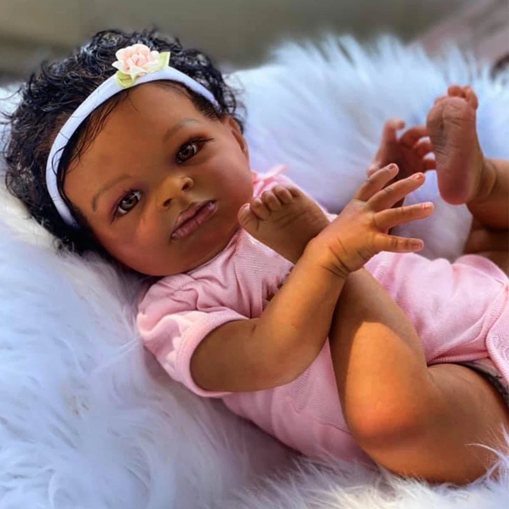 

50CM Complete Doll Bebe Reborn Lanny Soft Body Flexible Black Skin African American Baby Hand Rooted Hair Bonecas Bebe Doll Toy