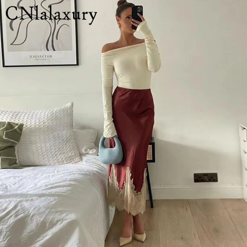 Original Summer Elegant Women Lace-Trim Midi Satin Skirt  Classic Causal Patchwork Slim Long Skirt Fashion Office Lady Skirts