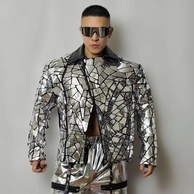 Glitter Silver Laser Mirror Blazer Coat Male Bar Nightclub Singer Stage Performance Sequin Suit Jacket Banquet Party Tuxedo