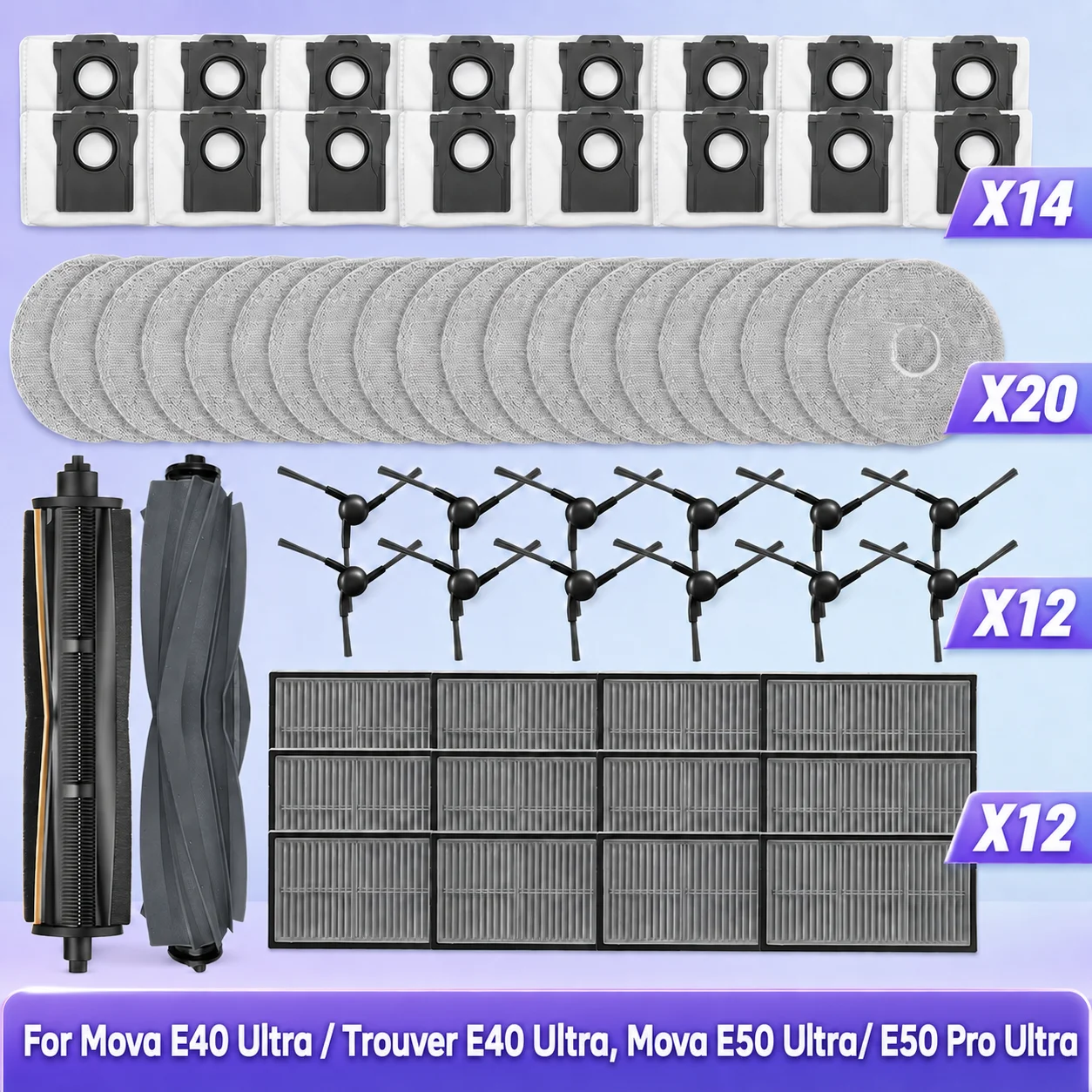 Compatible con ( Mova E40 Ultra / Trouver E40 Ultra, Mova E50 Ultra/ E50 Pro Ultra ) Repuestos para aspiradora Cepillo principal Tricut Cepillo lateral Filtro Mopa Bolsa de polvo Accesorios