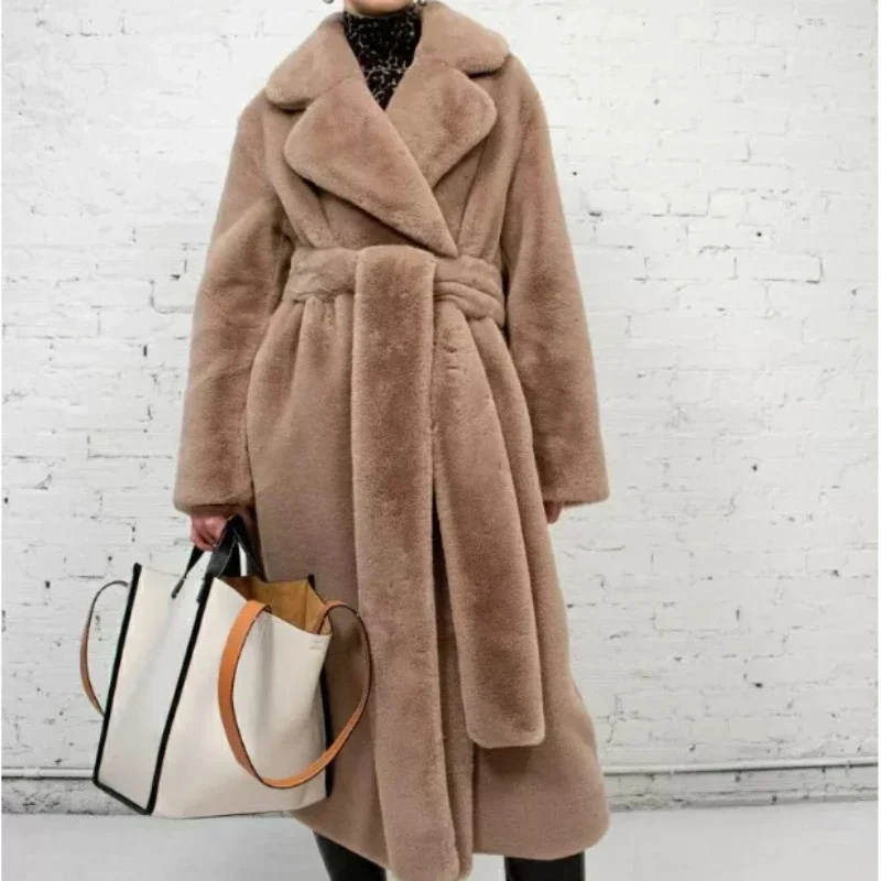 Maxi chaqueta de piel sintética para mujer, abrigo largo y cálido con cinturón de lujo, Parkas negras, ropa de abrigo peluda, Otoño e Invierno