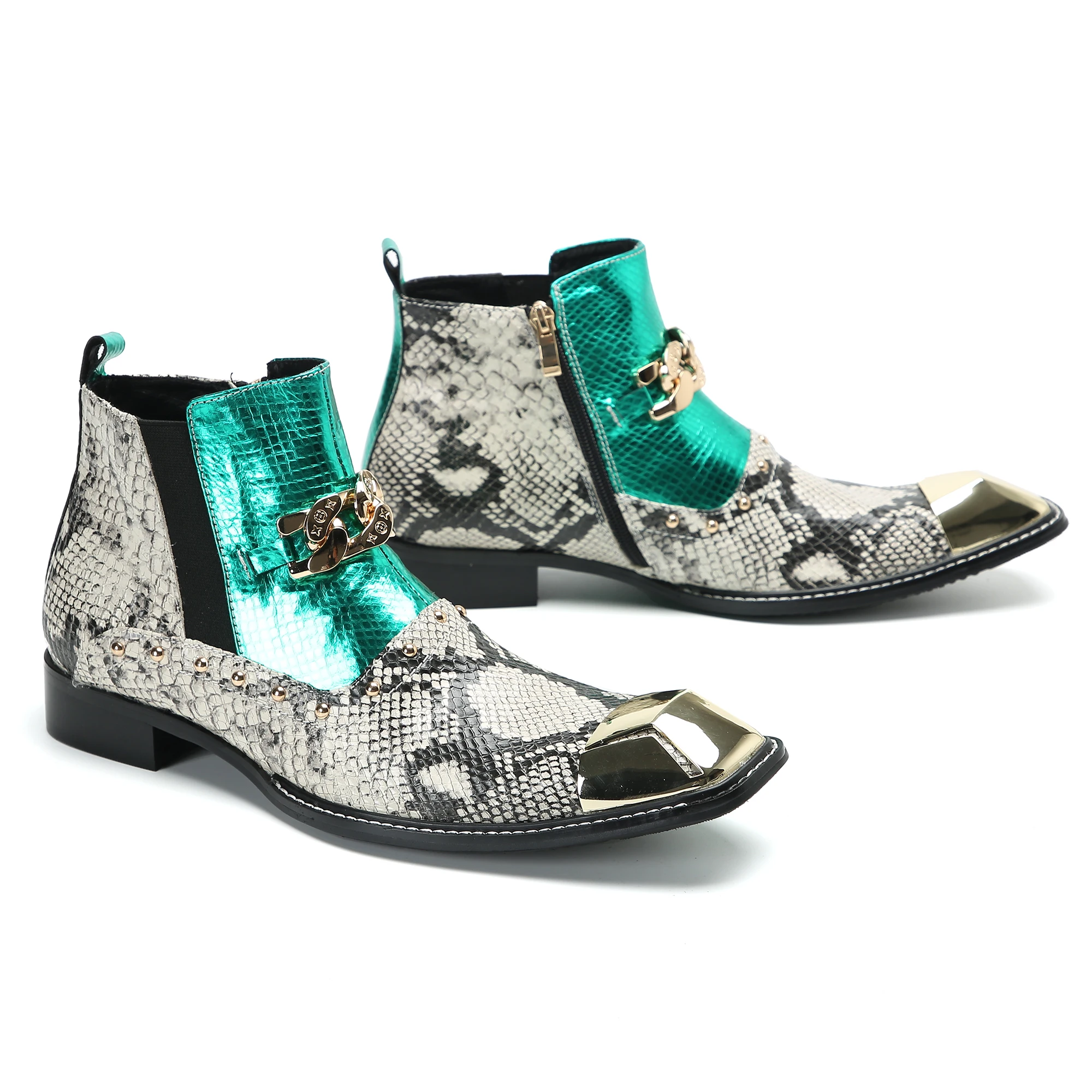 Board Luxus hand gefertigte Herren stiefel goldene Metall zehe blaue Leder Stiefeletten Herren Reiß verschluss Schnallen Rock Party und Hochzeit Botas Schuh – Detail 14