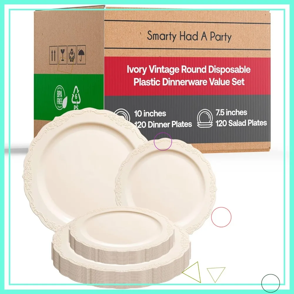 

Элегантный набор одноразовых тарелок цвета слоновой кости на 120 гостей — прочная посуда для свадеб, вечеринок и мероприятий