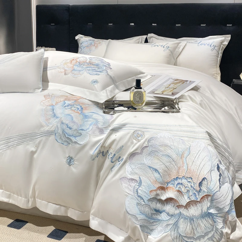 White Luxury Bedding Set 1000TC Egyptian Cotton Blue Flowers Embroidery Duvet cover Set Bed Sheet Fitted Sheet Pillowcases 4Pcs