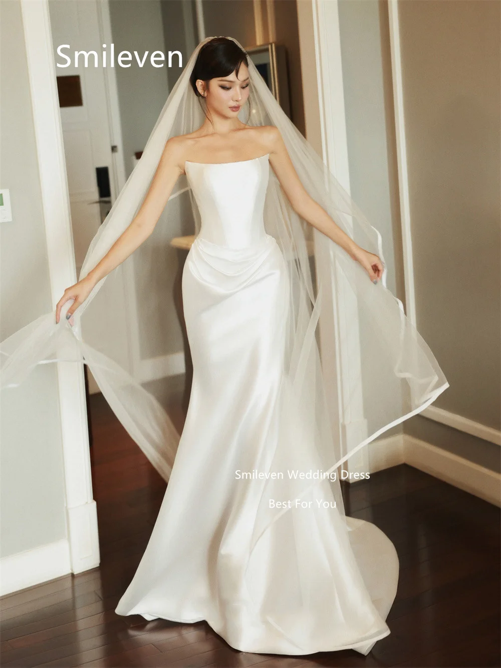 Smileven White Satin Mermaid Wedding Dresses Straight Neck Strapless Bridal Dress Draped Waist Chapel Train Gowns Customized