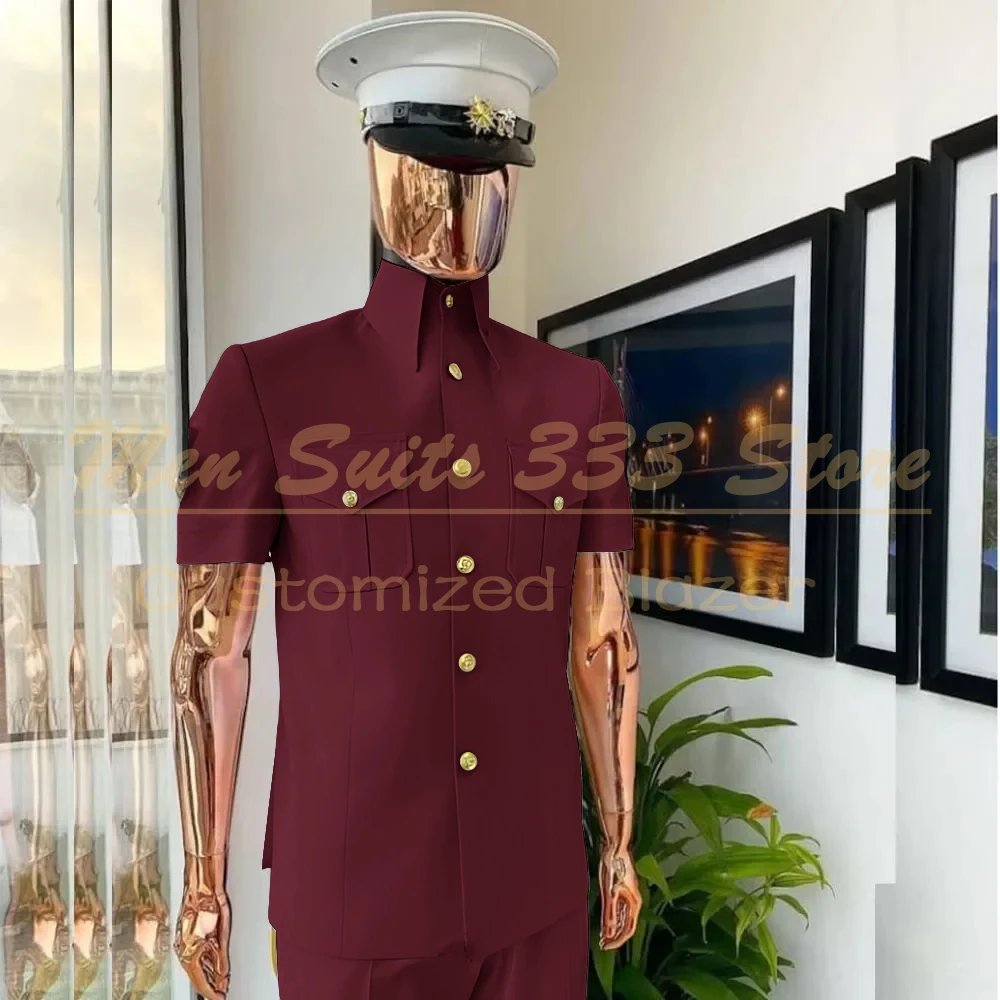 Safari Men's Suits Customized Short Sleeve Stand Lapel Slim Fit 2 Piece Jacket Pants High Quality Summer Male Clothing Costume view 4