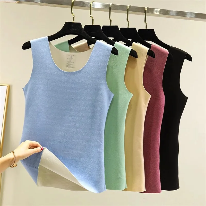 

Women Autumn Winter Tanks New Warm Thick Velvet Tank All Match Solid Soft Camis Underwear Female Slim Sleeveless Vest Short Tops