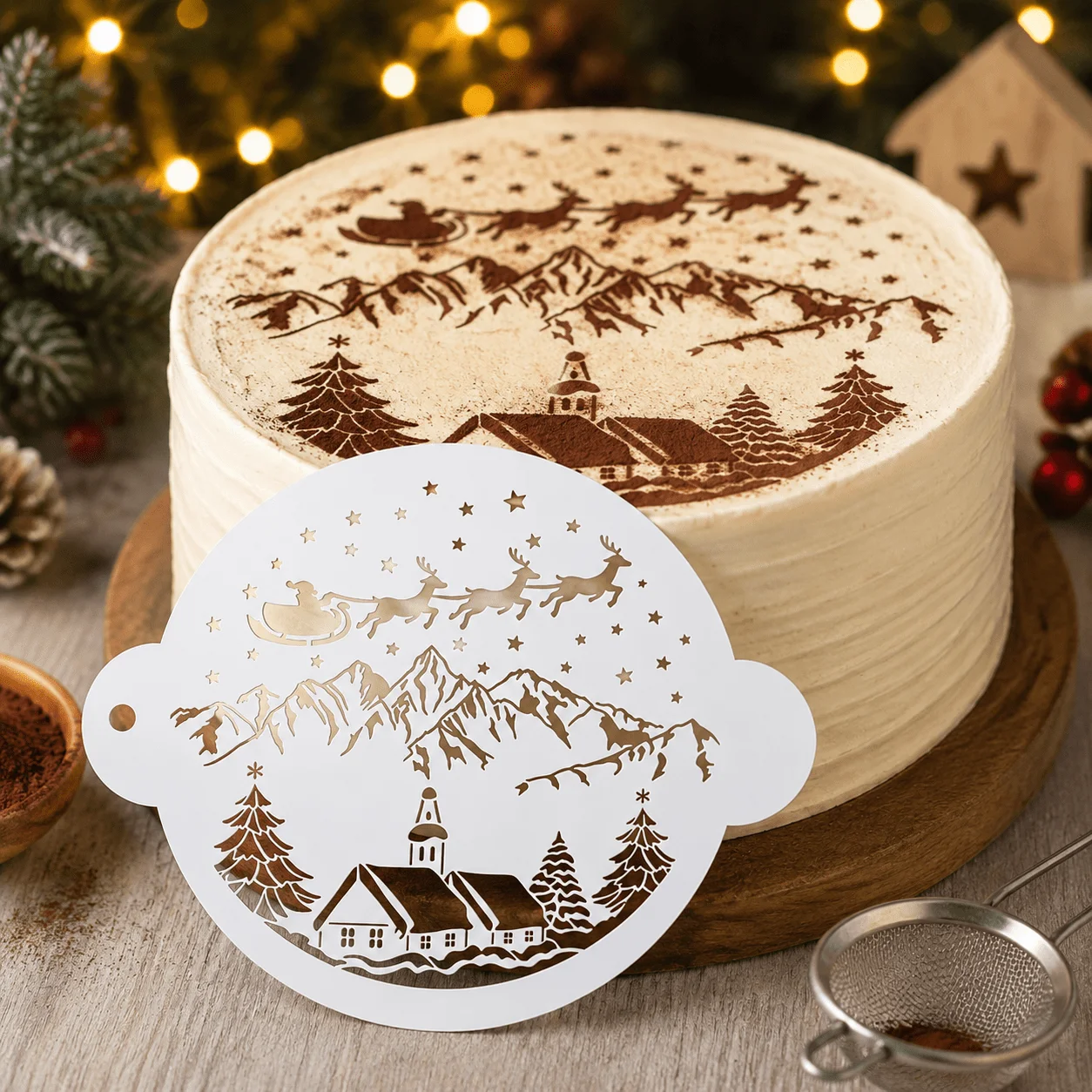 Santa Reindeer Snow Village Scene Cake Top Stencil Template Powder Spraying Decor Tool for Christmas Cake Fondant Baking
