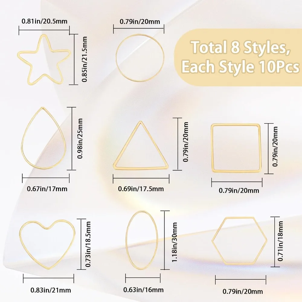 1 Box 80Pcs 8 Style Real 18K Gold Plated Brass Open Bezel Linking Rings Star Rings Teardrop Triangle Square Heart Oval Hexagon