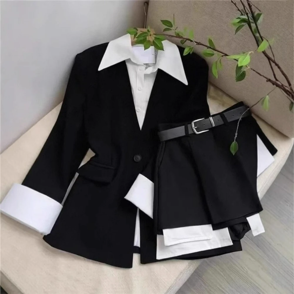 Women Two Piece Skirt Sets Patchwork Blazer Buttons Long Sleeve Jackets High Waist Mini Skirts Suit Elegant Office Lady Spring view 4