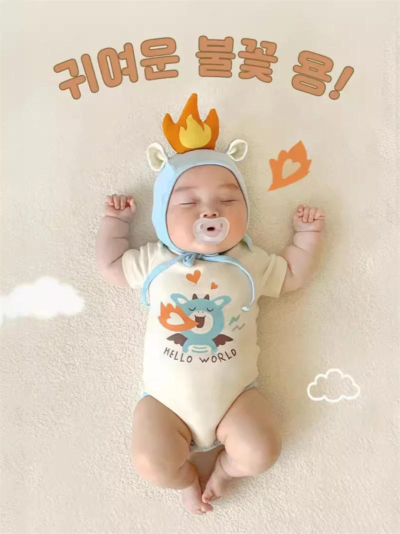 

2024 Funny Summer Baby Boy Girls Clothes Korean Romper Bodysuit Cotton Short Infant Flame Dragon Onesie Jumpsuits With Hat