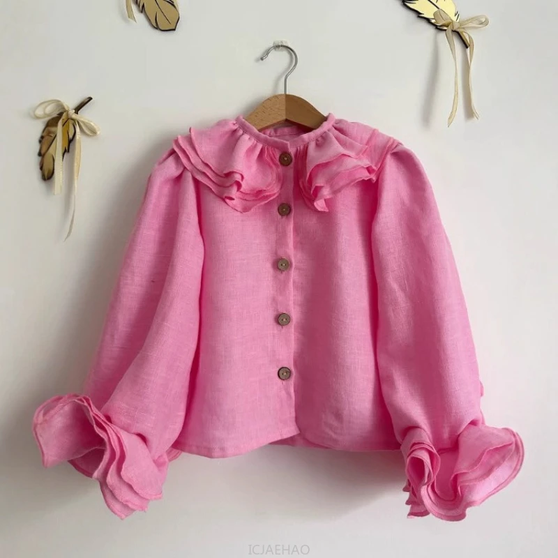 

Teen Girl Clothes Kids French Style Girls Linen Blouse Layered Top Costume Spring Autumn Lace Shirt Versatile Kids Long Sleeve