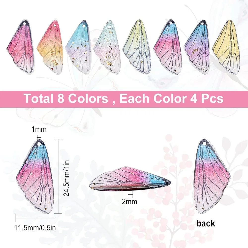 32Pcs 8 Colors Butterfly Wings Pendants Transparent Resin Insect Wing Dragonfly Wing Charms with Gold making kit