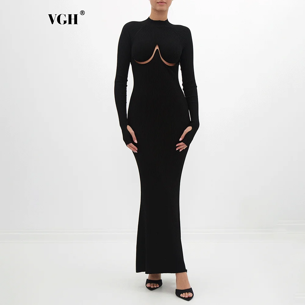 

VGH High Street Hollow Out Sexy Knitting Dress For Women Turtlenneck Long Sleeve Backless High Waist Slim Bodycon Dresses Female