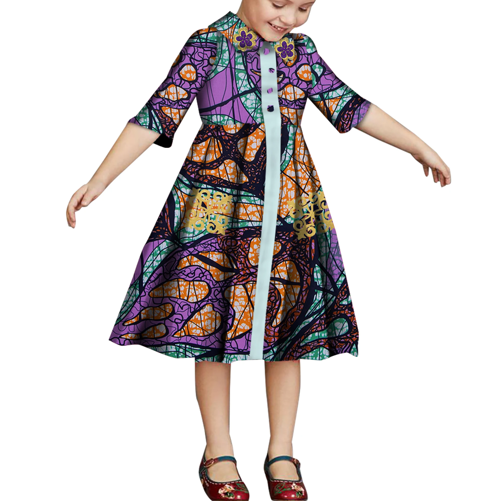 

African Clothes for Children Floral Print Girls Dresses Dashiki Party Clothes Half Sleeve Ankara Baby Dresses WYT687