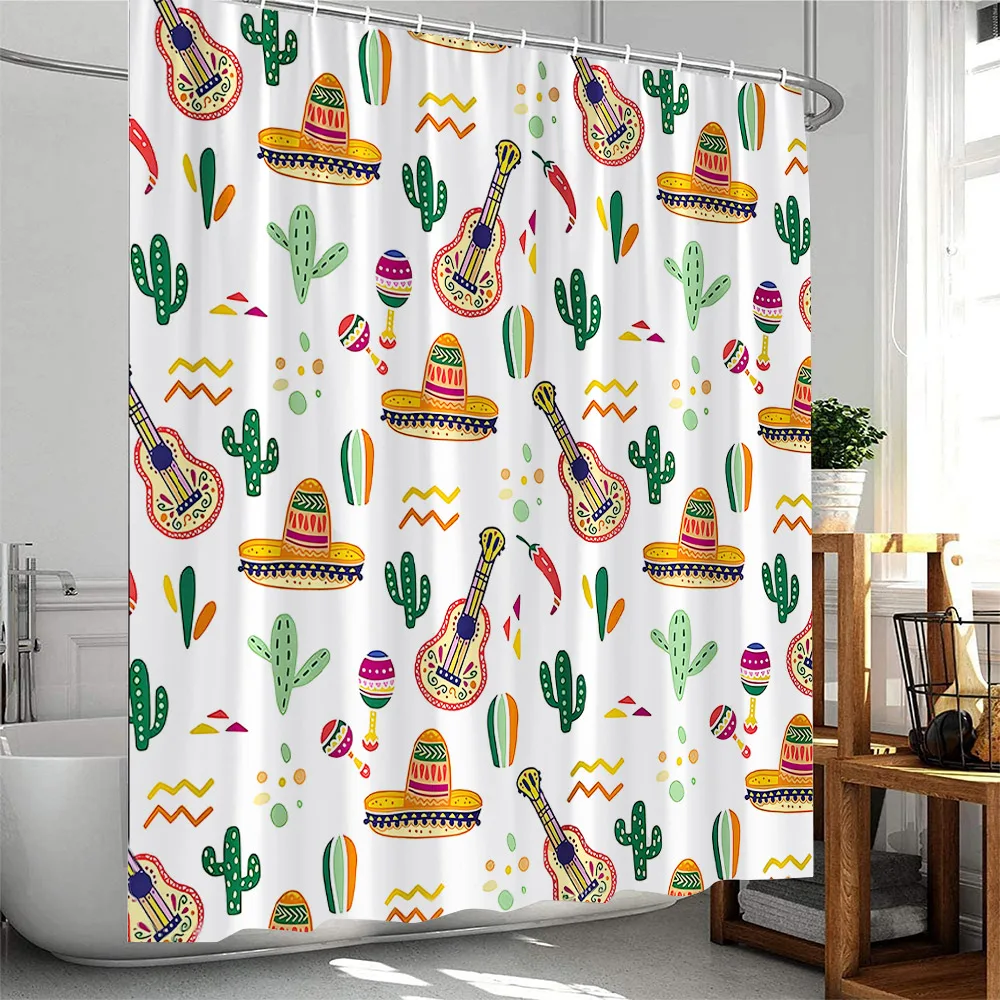 Mexican Style Shower Curtains Cartoon Tropical plants Cactus Bathroom Decor Polyester Fabric Bath Curtain with Hooks Washable