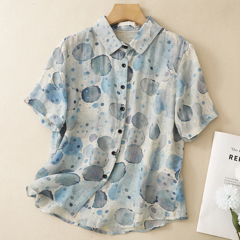 

Women's plus Size Cotton Linen Short Sleeve Printed Shirt Jacket Belly Covering Spring Summer New Style Commute Fashion Strai...
