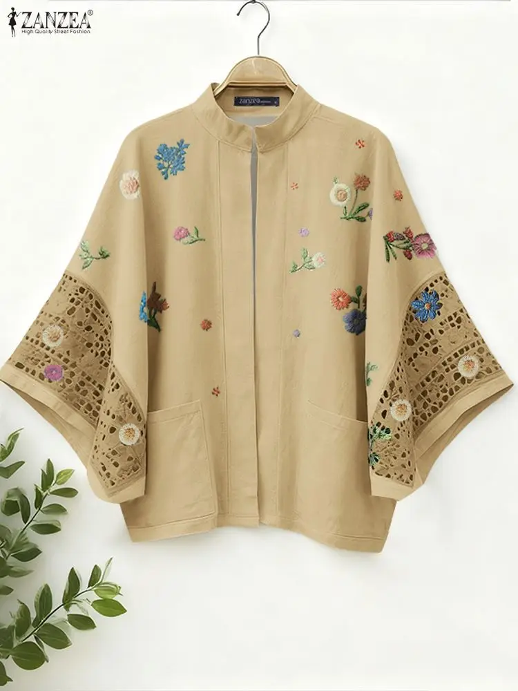 

ZANZEA Casual Floral Printing Cardigans Women Spring Summer Stand Collar 3/4 Sleeve Patch Pocket Open Front Tops Woman Clothes