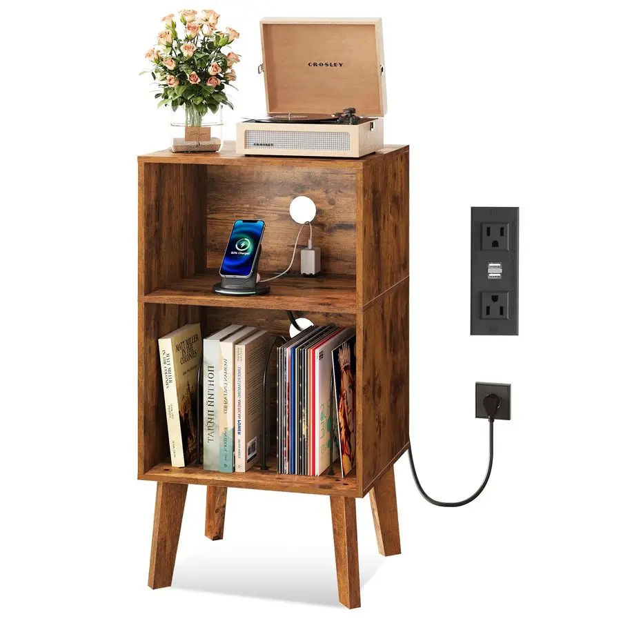

Record Player Stand, Modern Nightstand with Storage, Small Space Bedside Table, End Table for Bedroom amp Living Room, Mid Centu