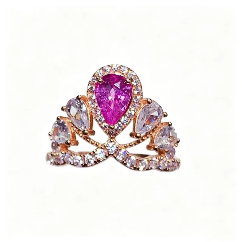 Luxury S925 Silver Rose Gold 5x7mm Natural Pink Sapphire Ring, Princess Crown Design Halo Pink Sapphire Ring