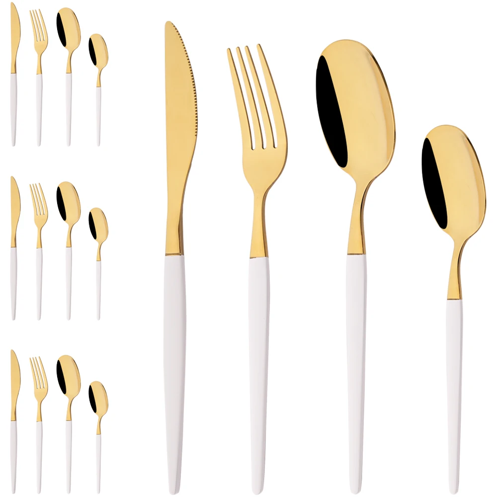 

16Pcs Luxury Mirror Flatware Set Kitchen Stainless Steel Tableware Set Hotel Dinnerware Set Western White Gold Cutlery Set Gift