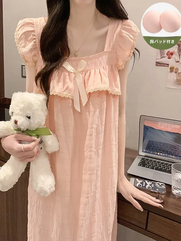 純綿夏用寝間着女性用一体型ストラップナイトガウン薄いホーム服バタフライノットミッドレングスドレス甘いスタイル 1