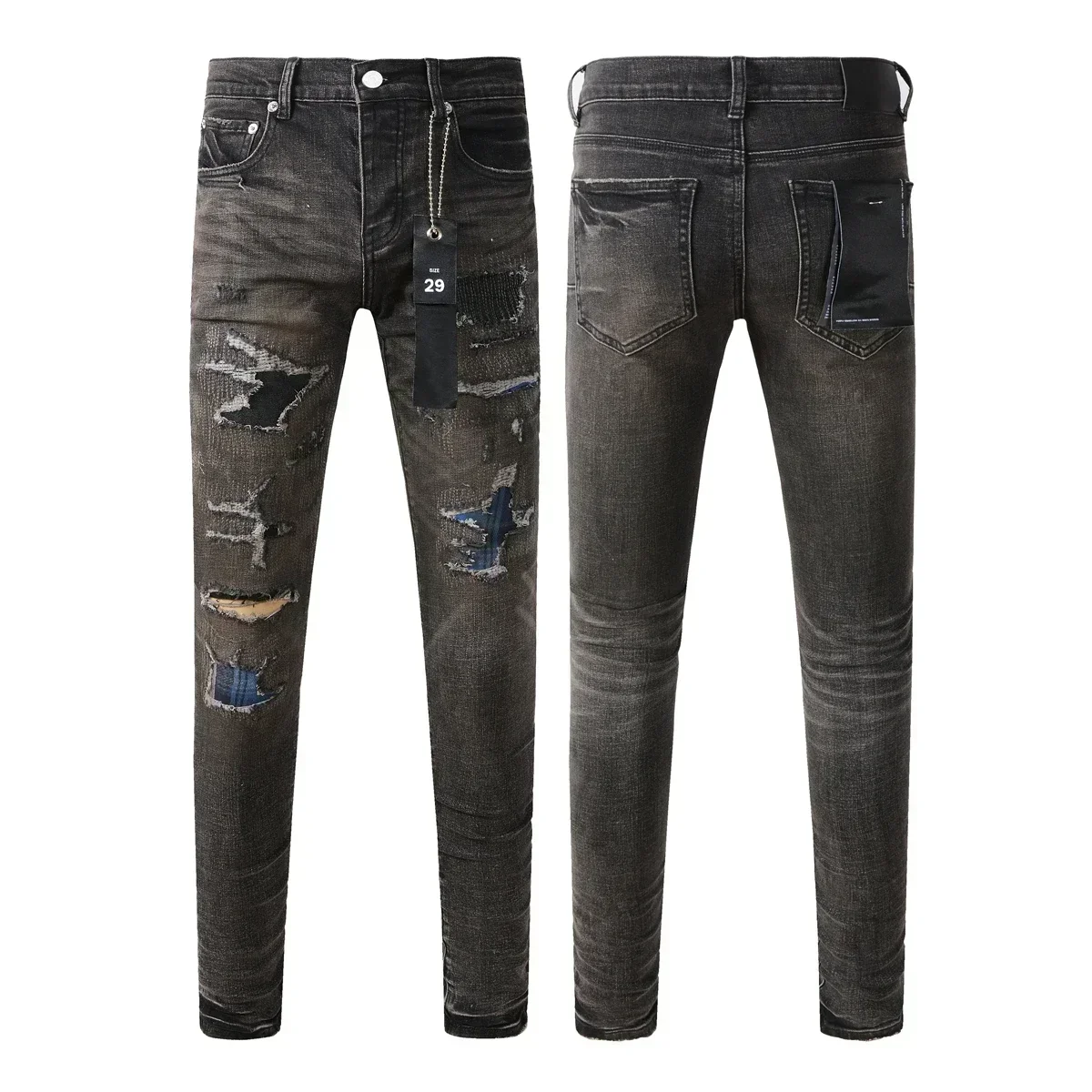 Fashion top quality Purples Jeans Brand  Men High Street Paint Dot Knife Cut Hole Repair Low Rise Skinny Denim Pants