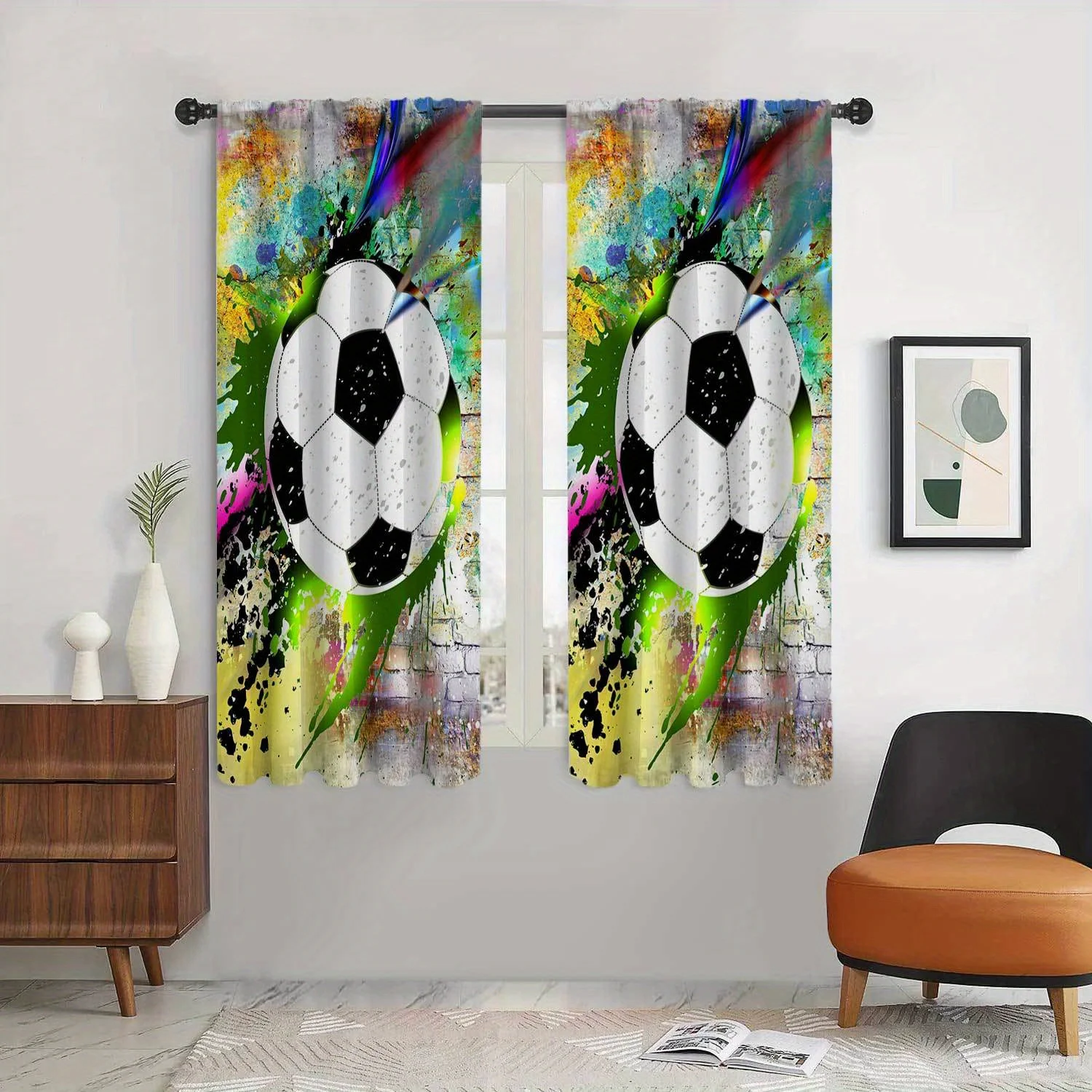 2-Piece Soccer Ball Curtains Set Sports Theme Rod Pocket Design For Bedroom & Living Room Decor Window Blinds Free Shipping