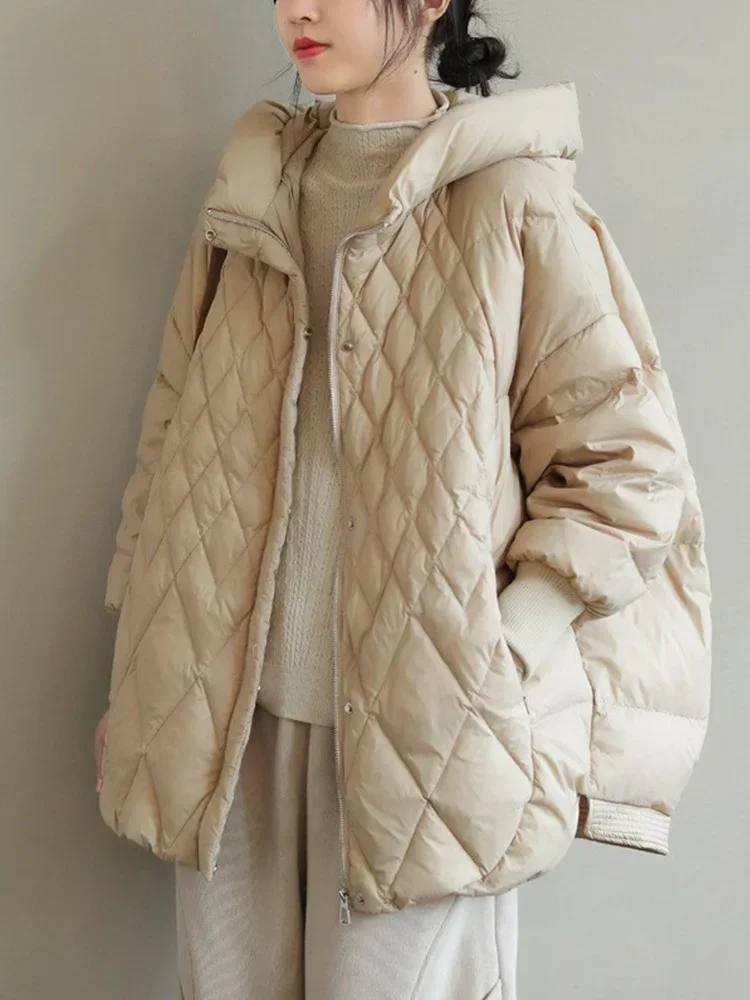 

Female Thick Warm Short Puffer Coat Snow Oversize Jacket Loose Women Hooded 2024 90%White Duck Winter Down Parka Casual