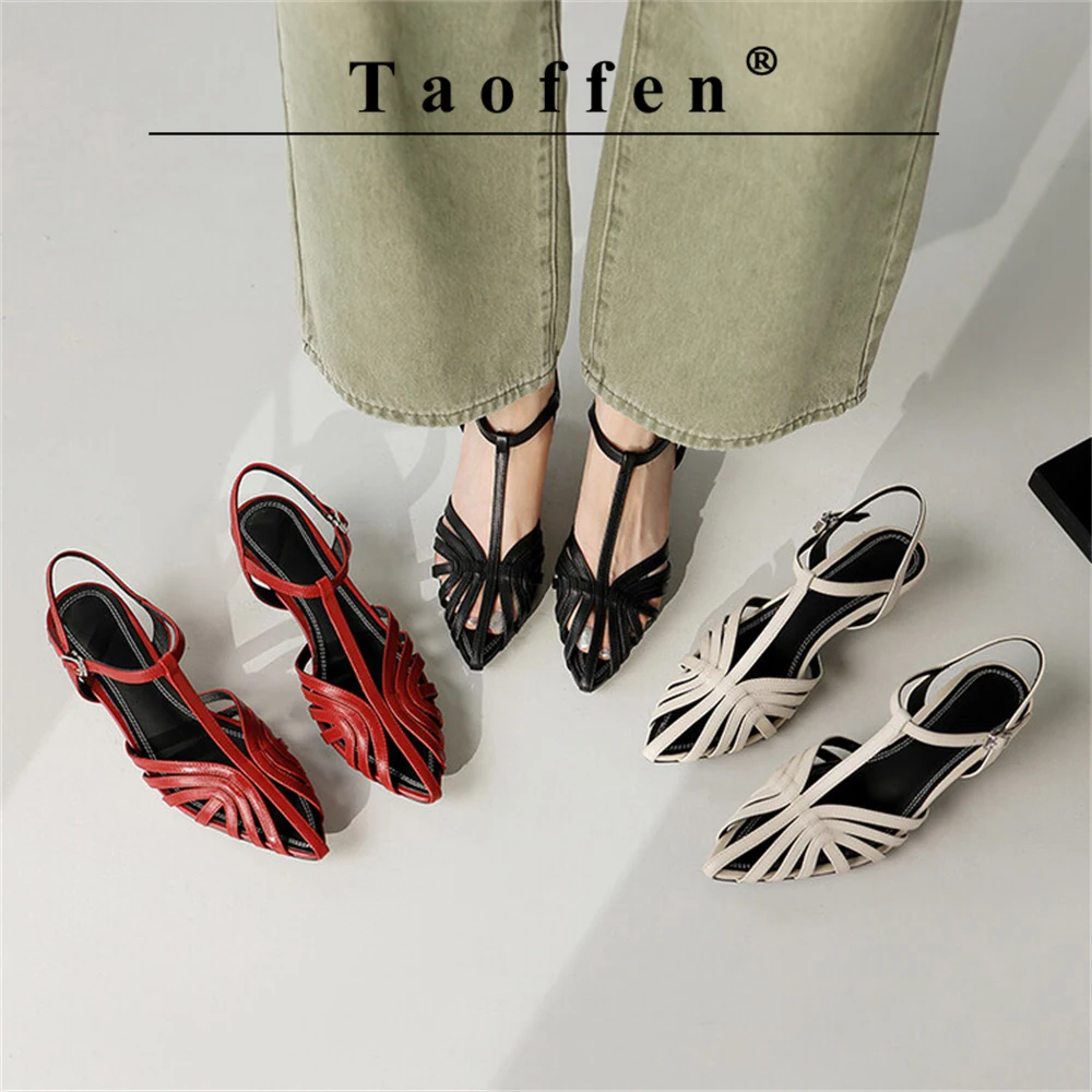 Taoffen Fashion Women\'s Pumps T-Strap Mid Heels Thin Heel Slingback Retro Summer Sandals Pointed Toe Buckle Female Roma Shoes