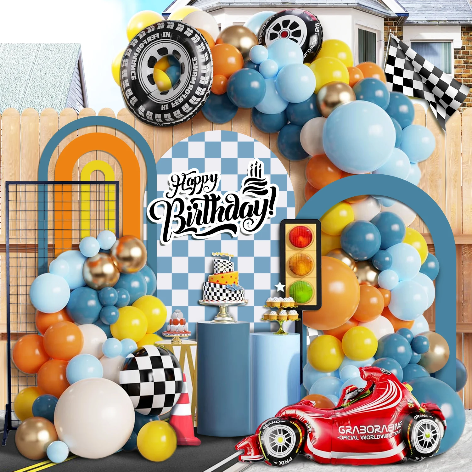 130-teiliges Racing-Ballon-Girlandenbogen-Set, Grau, Blau, Orange, Latex-Ballon, Rad, Auto, Aluminiumfolie, Ballon, Rennwagen, Geburtstag, Junggesellenabschied, Karneval