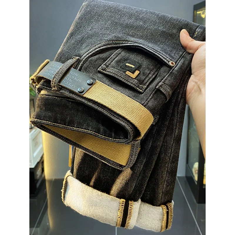 Winter Fleece-lined Warm Jeans Men's New Fashion Street Trend Stretch All-Matching Casual Tight Pants