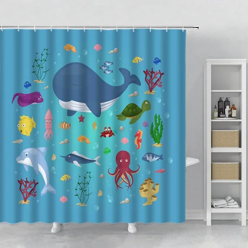 Cartoon Shower Curtain Cute Dolphin Fish Animal Zoo Giraffe Tiger Printing Bathroom Curtains Kids Room Decor Curtain with Hooks