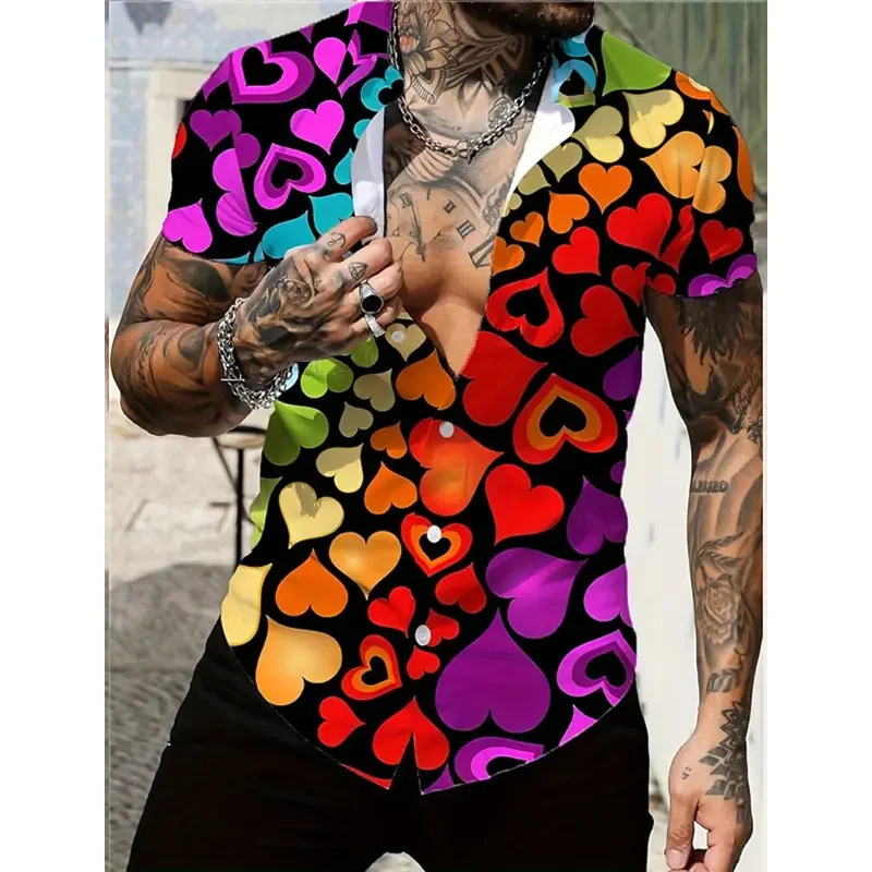 

2024 Valentine'S Day Funny Graphic Print Short Sleeve Men'S Shirts Turndown Short Sleeve 4-Way Stretch Fabric Shirts For Lovers