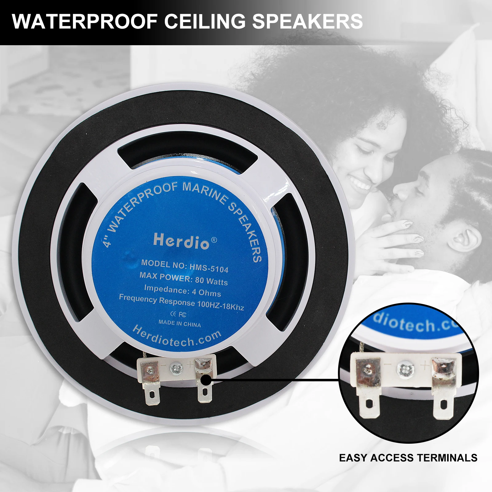 Herdio 4-Zoll-Bluetooth-Deckenlautsprecher, wasserabweisend, 160 W, Marine-Lautsprecher für Badezimmer, Küche, Zuhause, Outdoor, Wohnmobil, 2 Stück – Detail 5