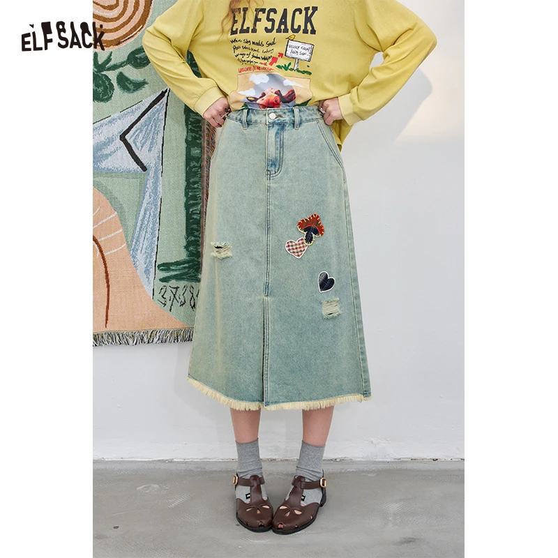 

ELFSACK 2025 Summer New Arrivals Casual sweet Distressed Slit High-Low Hem Denim A-Line Midi Skirt
