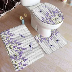 Purple Lavender Bath Mat Set Dragonfly Rustic Floral Plant Grey Wooden Board Home Bathroom Decor Floor Rugs U-Mats Toilet Cover