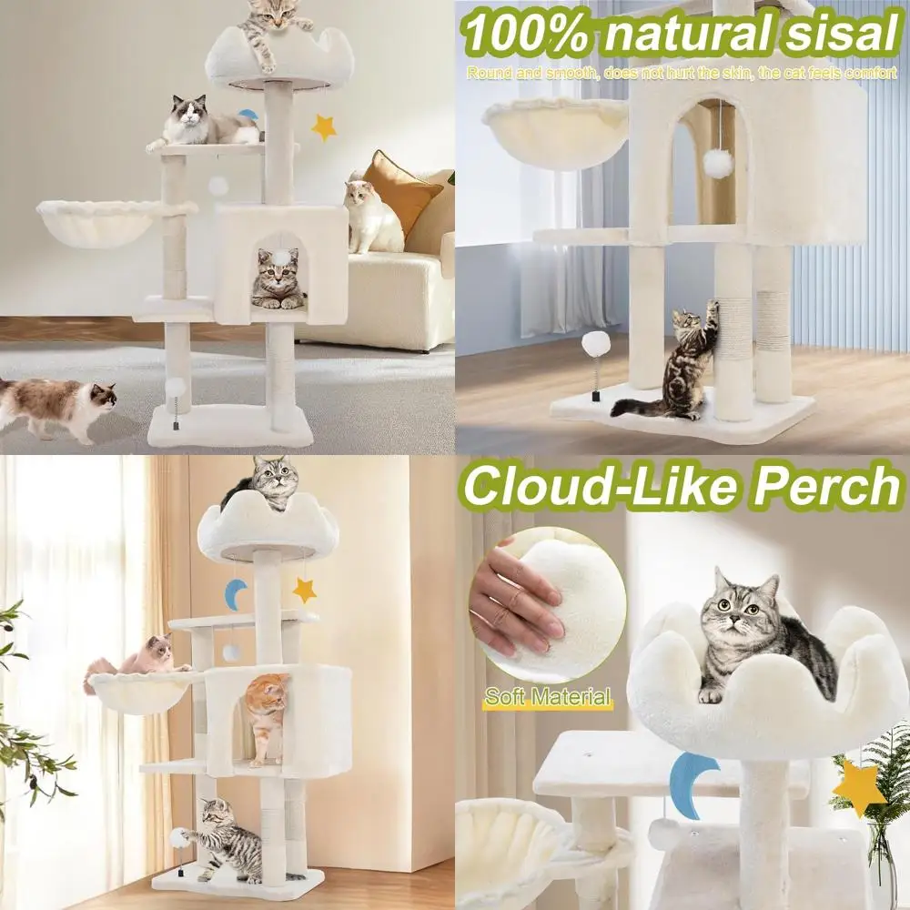 

White 40 Indoor Cat Tower with Metal Frame Hammock, Scratching Post, and Cloud Top Perch for Large Cats and Kittens