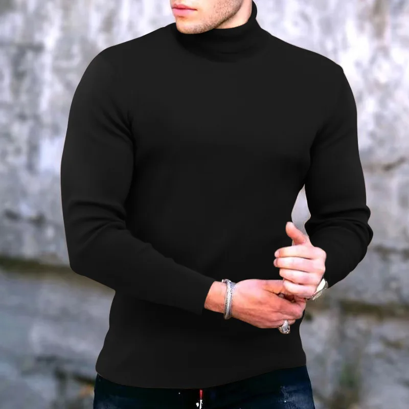 Fashion Men\'s Casual Slim Fit Basic Turtleneck Knitted Sweater Plus Velvet High Collar Pullover Male Double Autumn Winter Tops