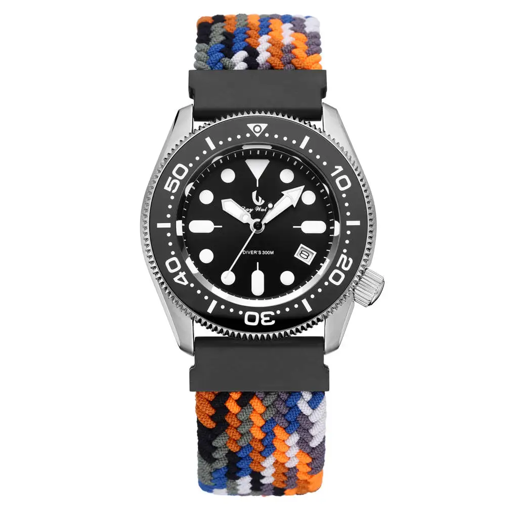 300M diving watch with super luminous ceramic bezel 316L stainless steel case sapphire glass nylon and silicone strap