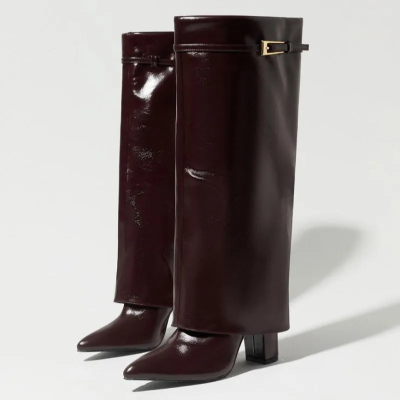 Retro Burgundy Knee Heel Boots for Women Fashion Pointed Toe Belt Buckle Decorated Chunky Heel Boots Luxury Brand Designer Shoes