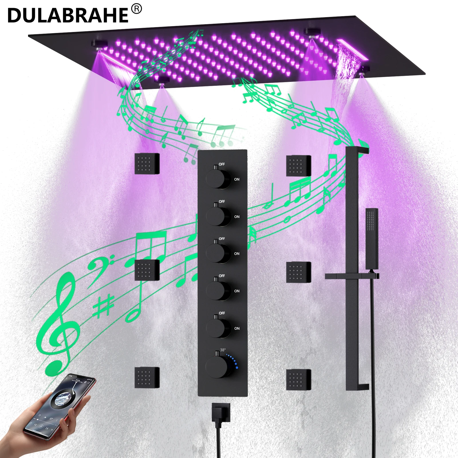 Large Size LED Music Shower System Thermostatic Concealed Shower Mixer Rainfall Shower Set Black Faucet System