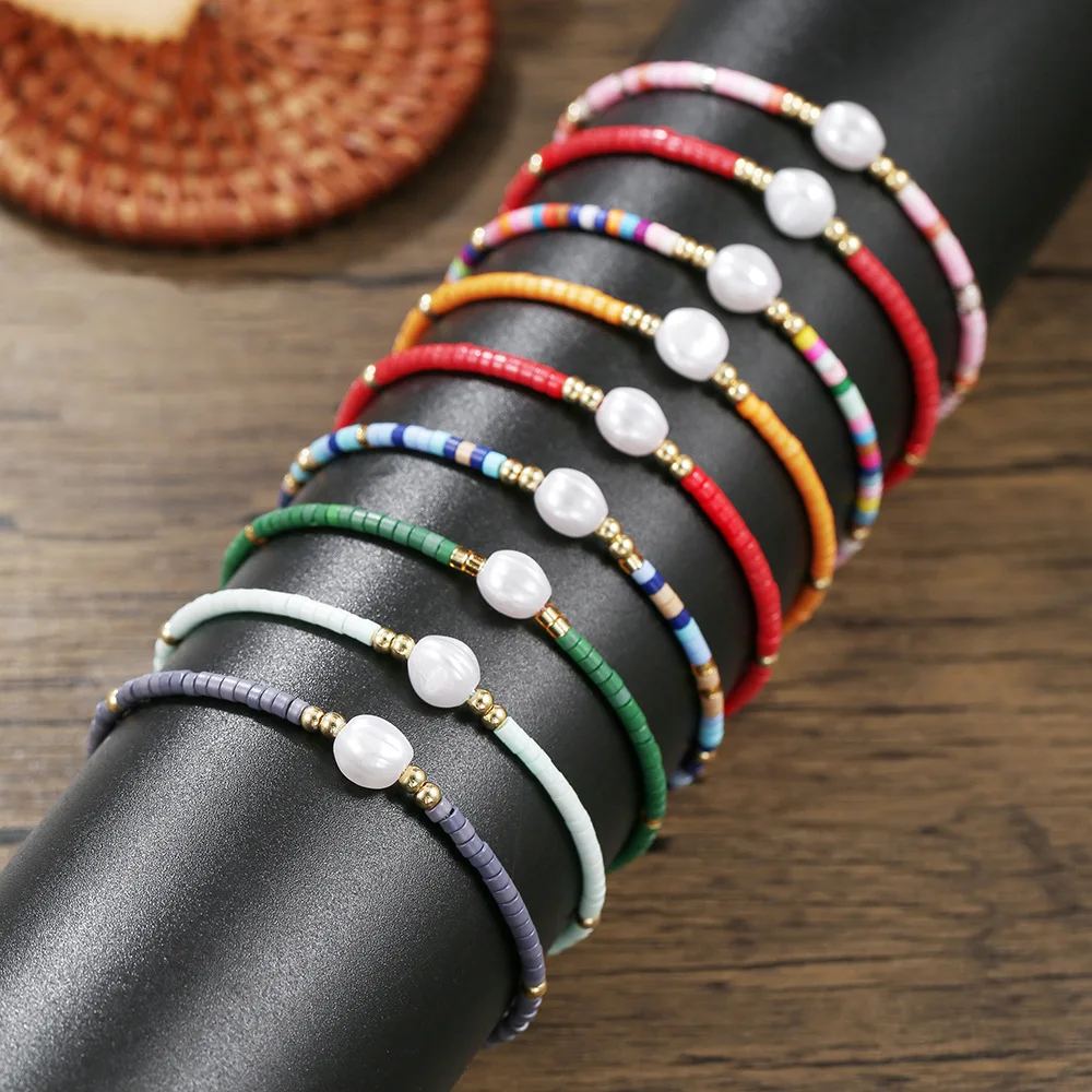 Meetvii Bohemia Pearl Beaded Bracelets for Women Beach Jewelry Small Glass Beads Handmade Adjustable Tiny Rope Bracelet