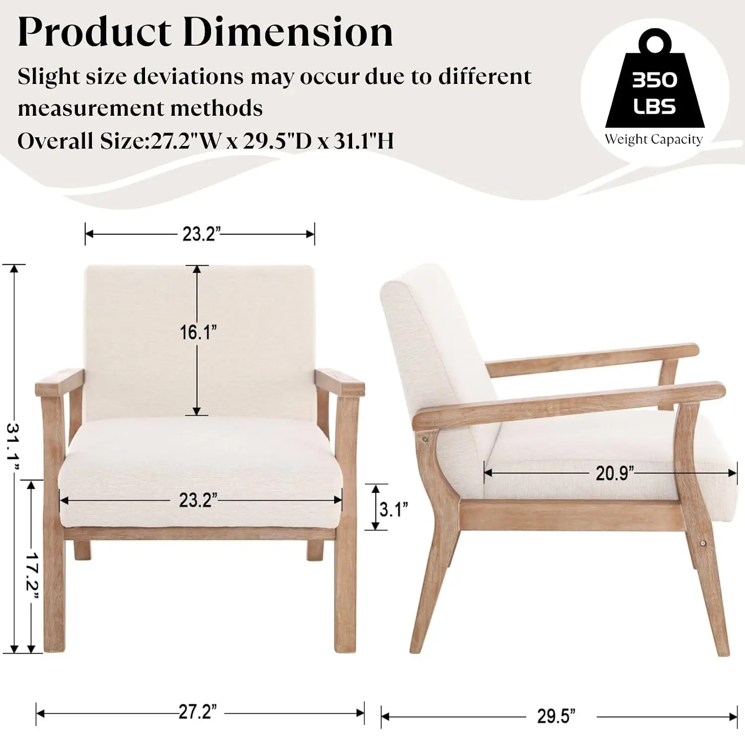 Mid Century Modern Accent Chair Set 2, Linen Upholstered Armchair Wood Frame, Living Room Bedroom, Ivory, Customized