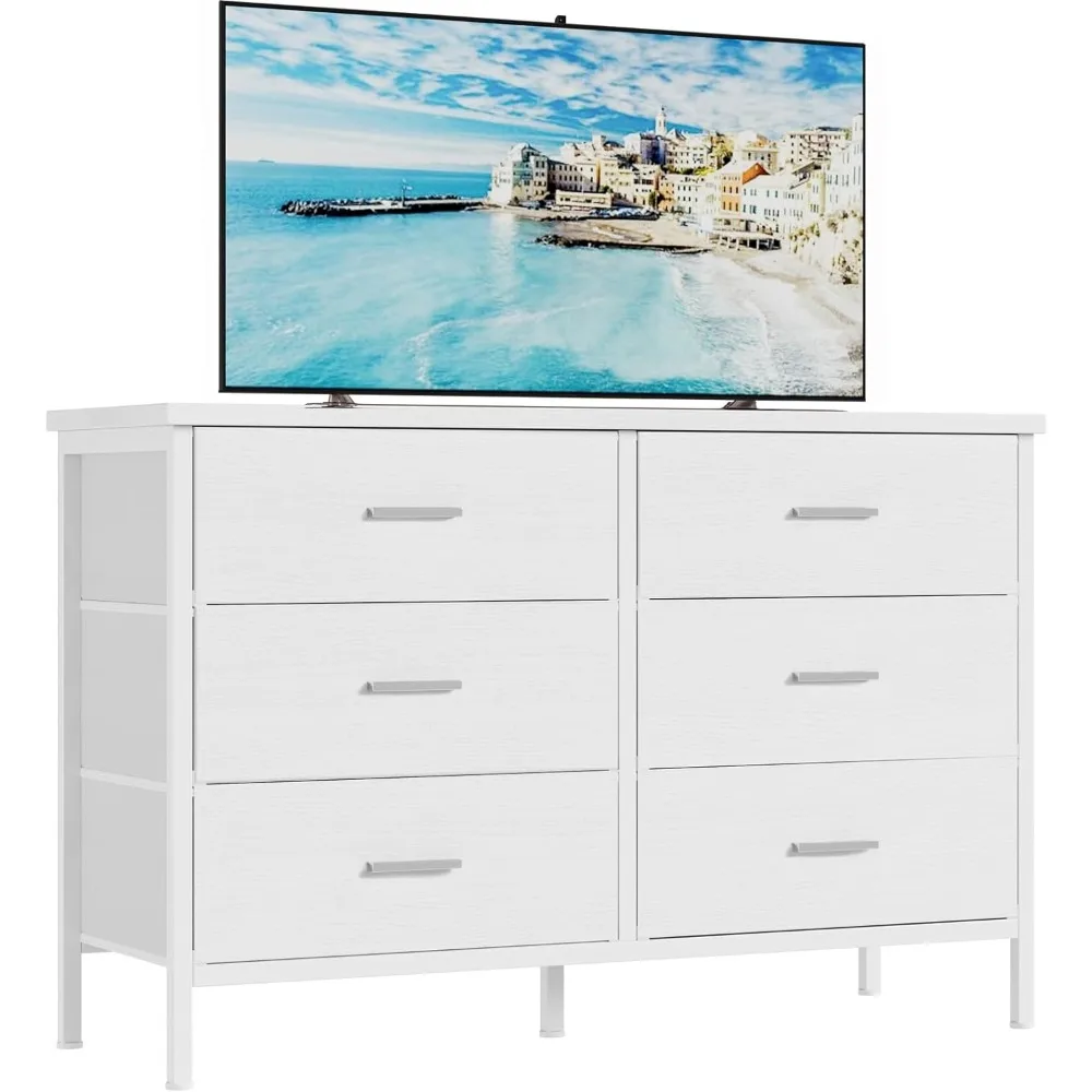 

BOLUO White Dresser for Bedroom 6 Drawer,Wide Dresser TV Stand for 50" TV Dressers & Chests of Drawers Fabric Dresser for Closet