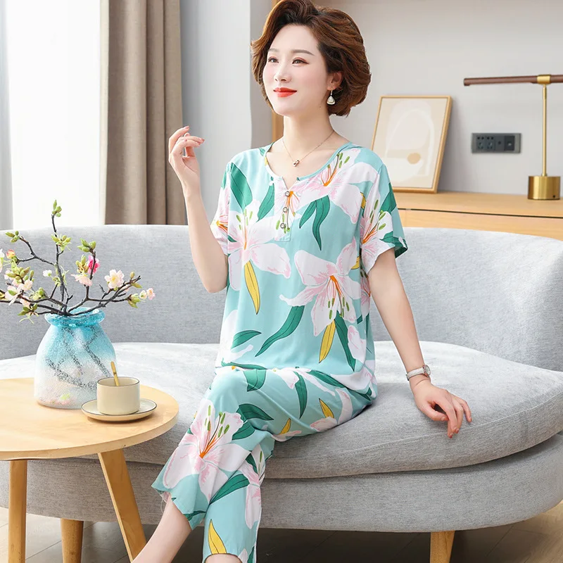 

Middle-Aged Elderly Cotton Silk Pajamas Women Summer Short-Sleeved Trousers Suit Summer Mother Lady Home Service Two Piece Suit