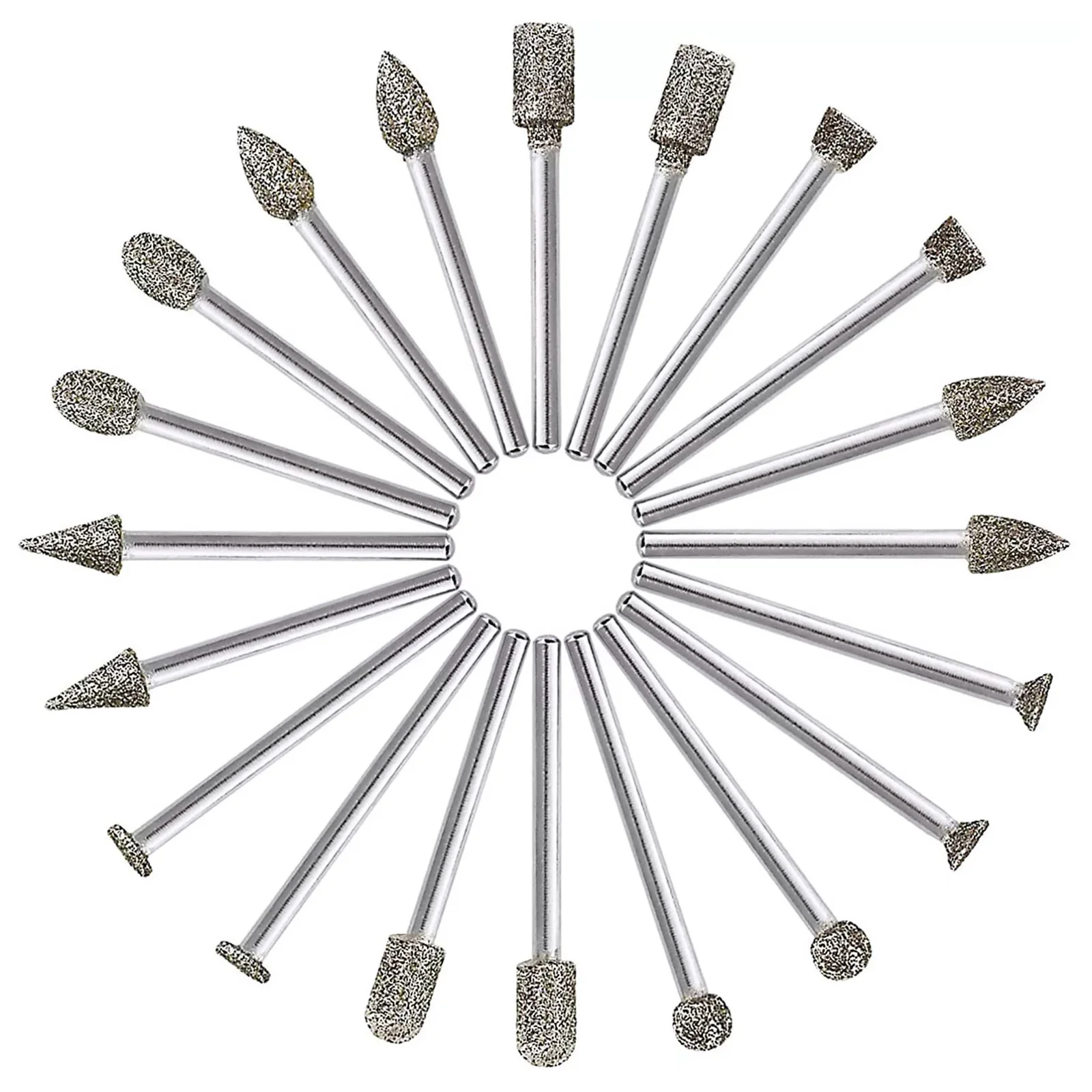 

20Pcs/lot 3mm Shank Diamond Grinding Burr Needle Point Engraving Carving Polishing Glass Jade Stone Drill Bit Rotary Tools Set