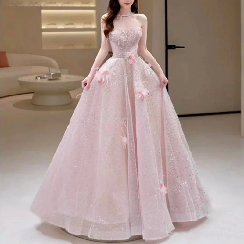Illusion rose robes de demoiselle d'honneur perles douces perles appliques longues robes d'anniversaire exquise licou dos nu robe de soirée formelle