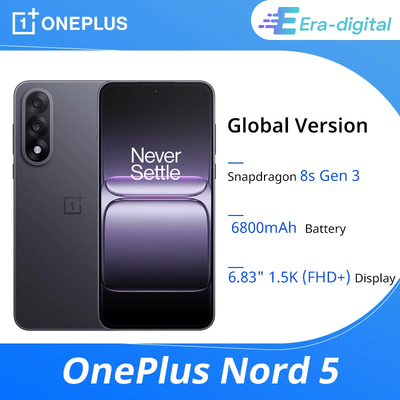 Smartphone OnePlus Nord 5 8 Go + 256 Go/12 Go + 512 Go, cran AMOLED 1,5K (FHD+) de 6,83 pouces, 2800 x 1272, Snapdragon 8s Gen 3, Android 15, appareil photo 50 Mpx avec stabilisation optique et lectronique de l'image, batterie 6800 mAh, 80 W, Wi-Fi 6, B